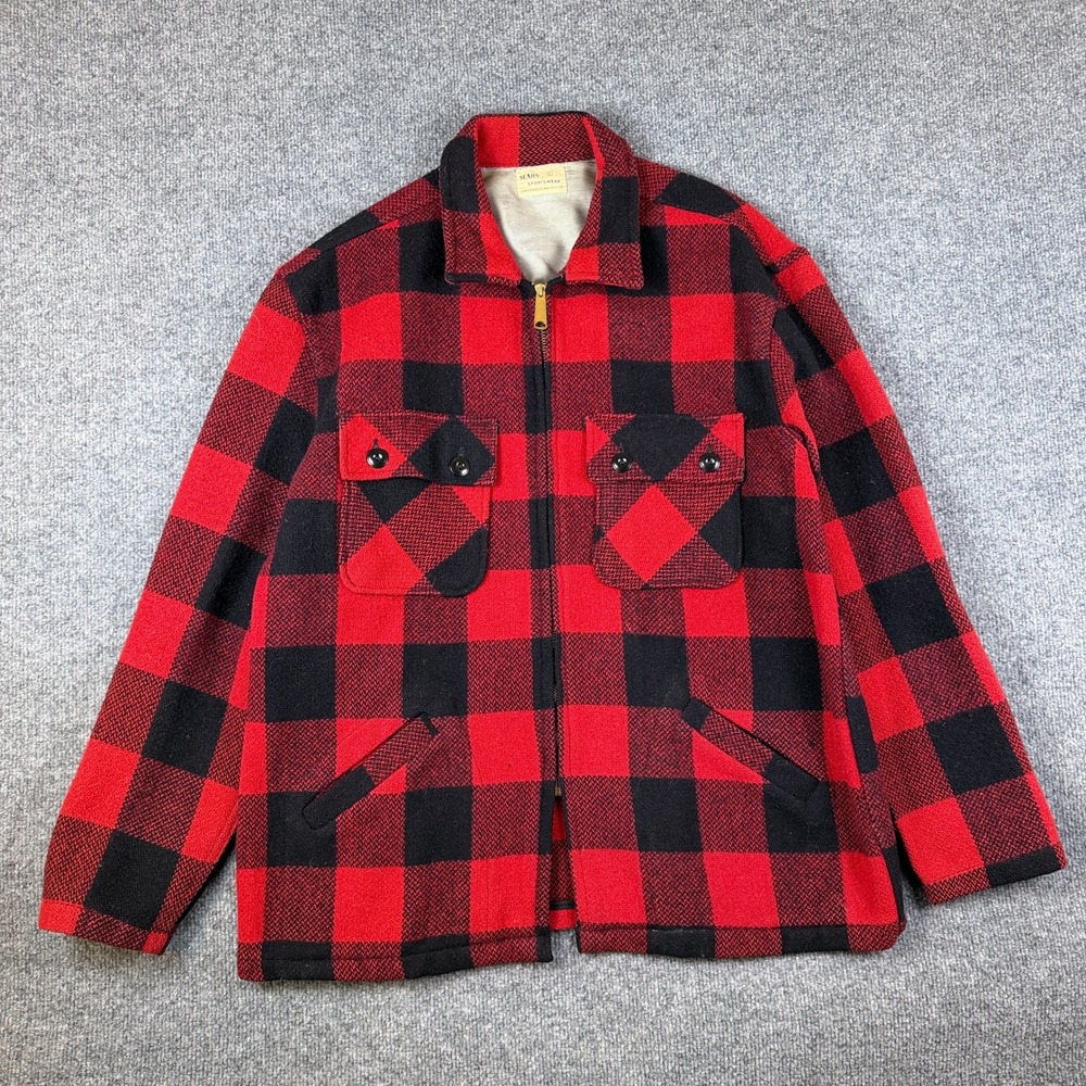 Vintage 60s Sears Jacket Mens L Red Black Buffalo Plaid Talon Zip Wool USA